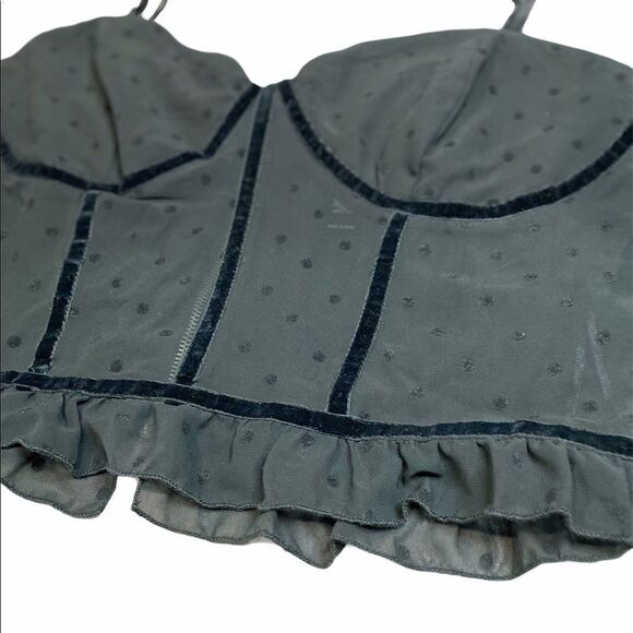 Black Velvet Polk Dot Ruffle Trim Cropped Corset Bustier Top NEW - Picture 3 of 4